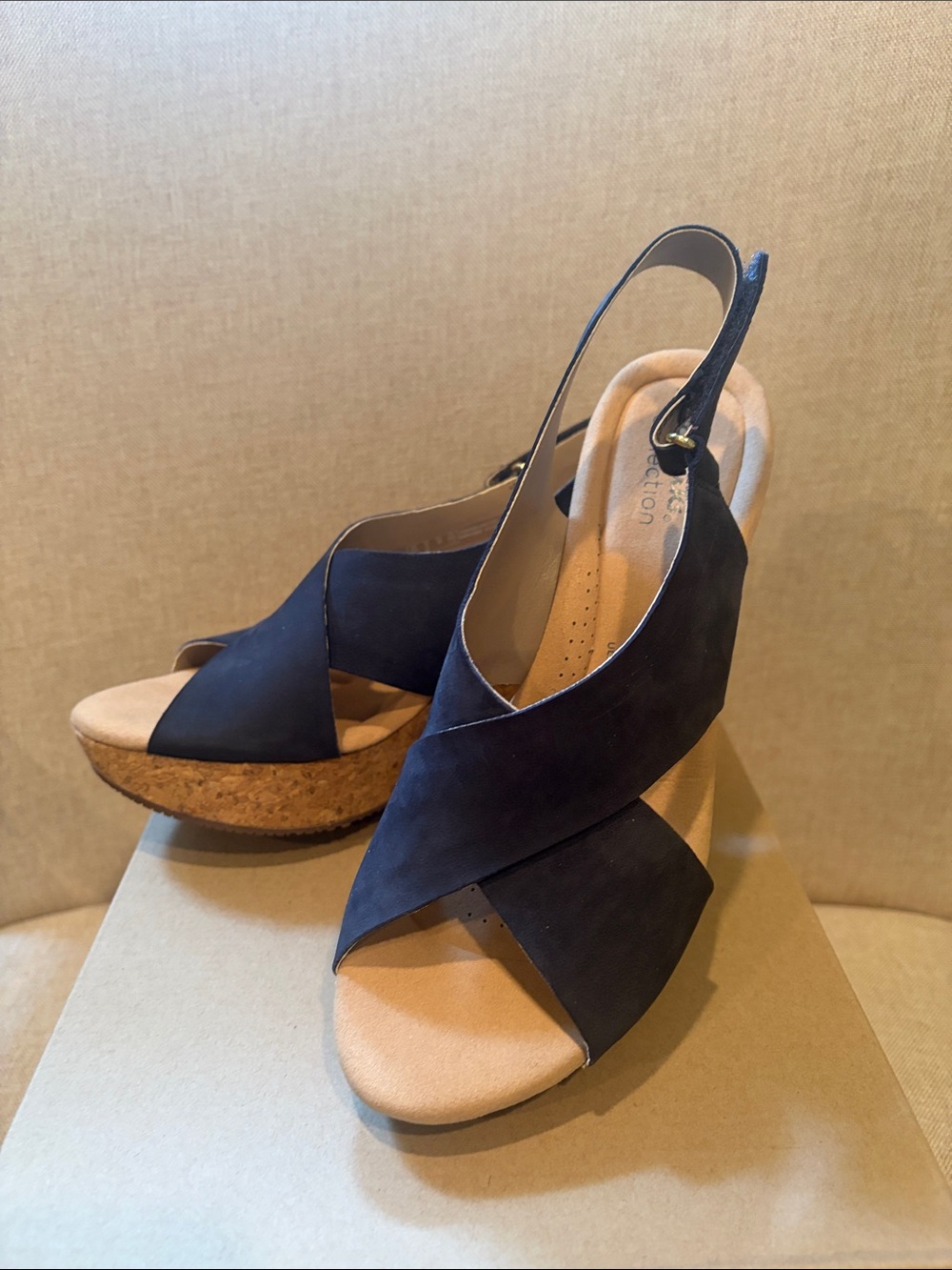 Clarks Navy Cross-Band Slingback Wedge Sandals